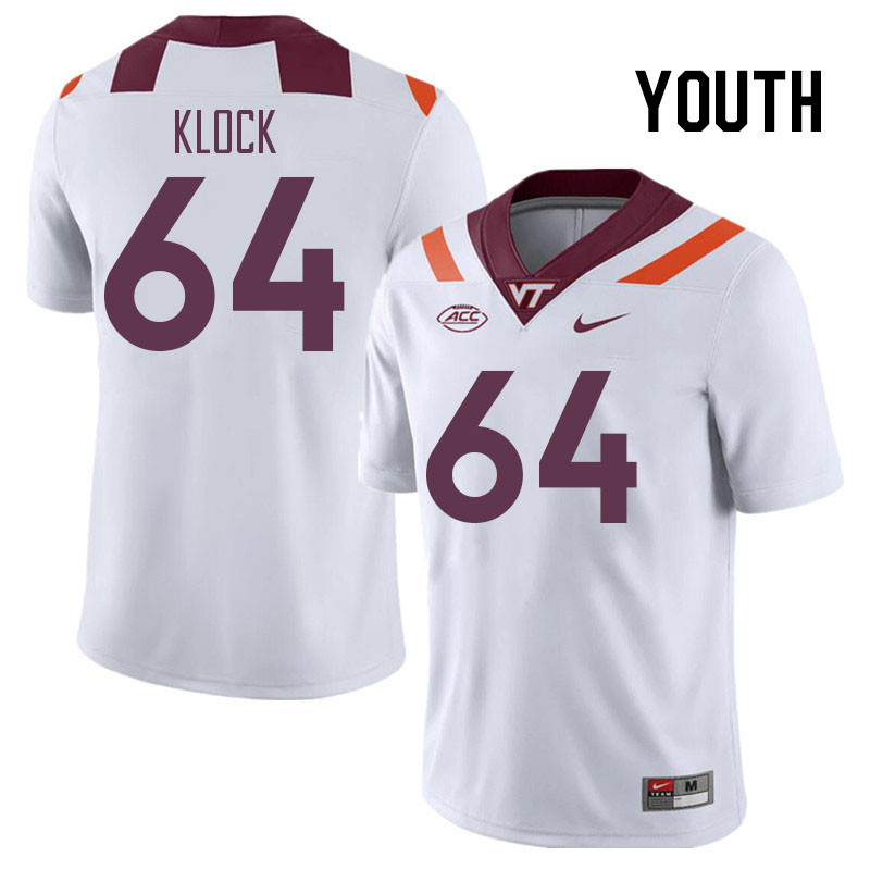 Youth #64 Elijah Klock Virginia Tech Hokies College Football Jerseys Stitched Sale-White - Click Image to Close